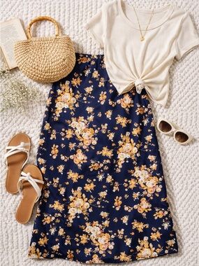 Mi Ami Floral Satin Midi Skirt Navy Orange Slip Skirt Pull On L Y2K